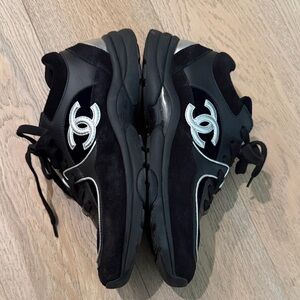CHANEL Black Sneakers with Silver CC Emblem leather suede size 9